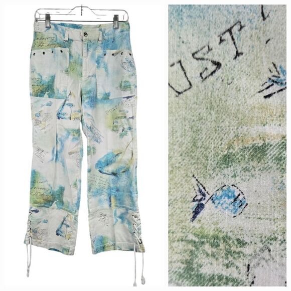 Chico's Linen Blend White Trouser Crop Pant Summer Fish Postcard Lace Up Bottom - Picture 1 of 12